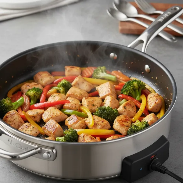 all-clad electric skillet cooking chicken and vegetables with uniform heat distribution