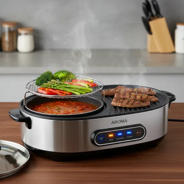 Aroma Super Pot performing various cooking functions like grilling, simmering, and steaming.