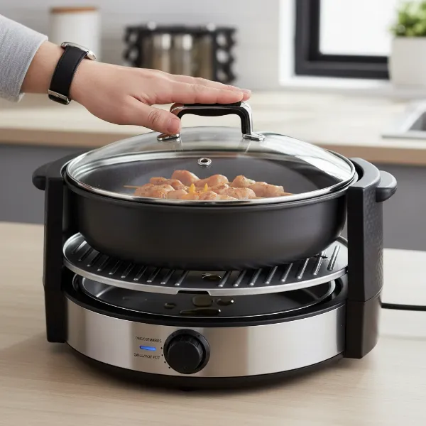 Aroma Super Pot showcasing cool-touch handles, clear glass lid, and raised grill surface.