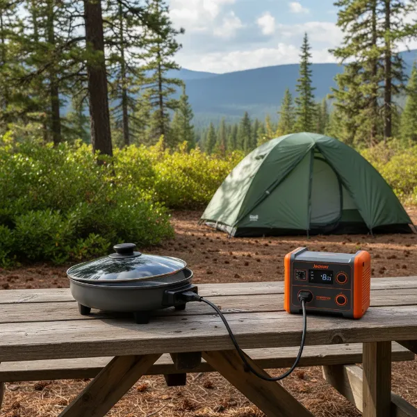 Electric skillet on a picnic table at a campsite, connected to a portable power station.