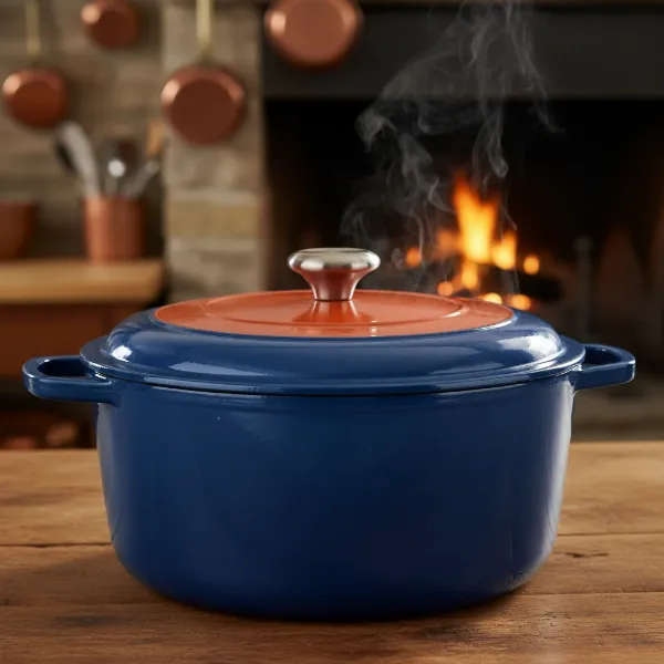 Heavy cast iron lid on a colorful enameled Dutch oven, illustrating excellent heat retention.