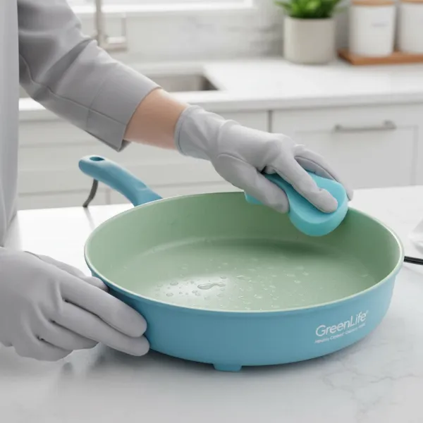 Hands gently cleaning a GreenLife ceramic nonstick electric skillet with a soft sponge after cooking.