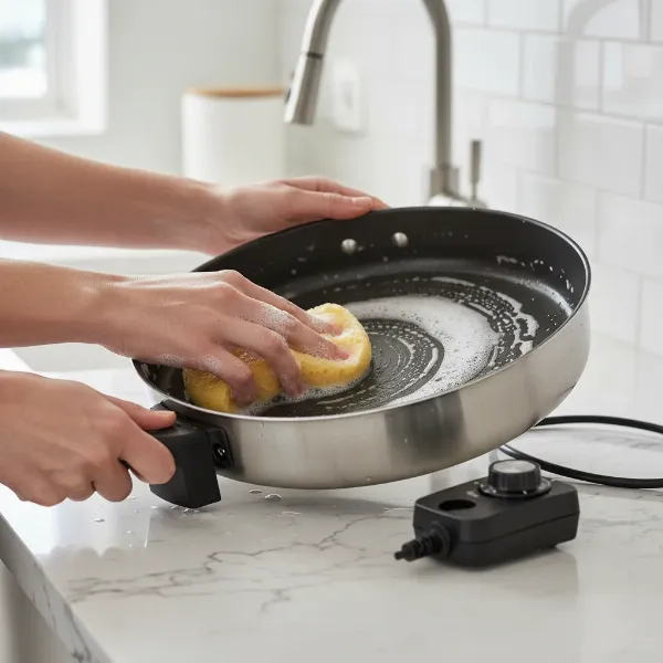 Person wiping interior of electric skillet with sponge, avoiding electrical parts.