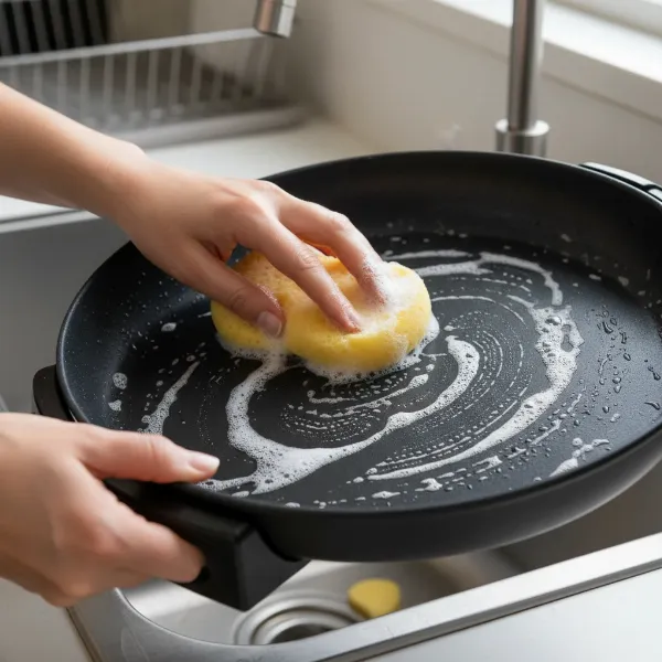 A person cleaning a non-stick electric skillet carefully after cooking, showing a soft sponge.