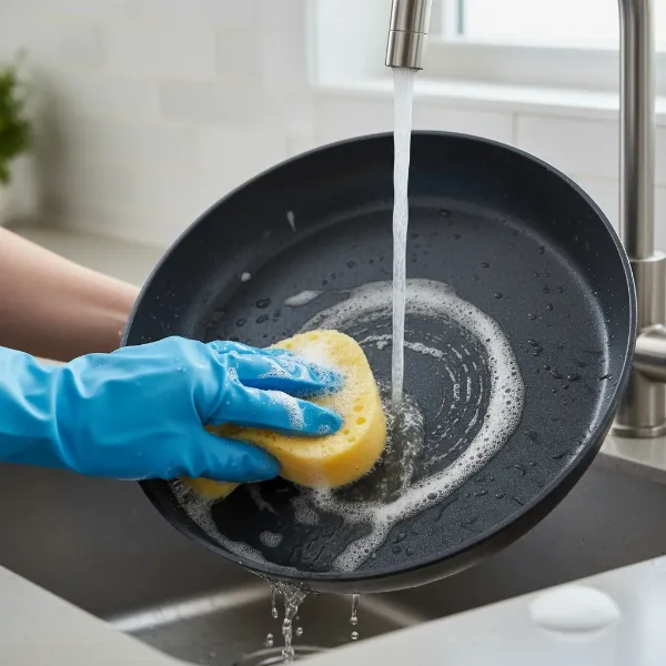 Hand washing a removable non-stick pan from a Rival electric skillet with soap and sponge.
