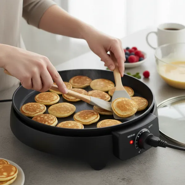 Hands using a silicone spatula in an electric skillet, demonstrating precise temperature control for cooking.