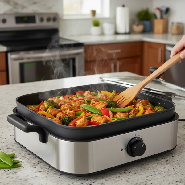 A Mainstays electric skillet in use, cooking a stir-fry or one-pot meal for a family.