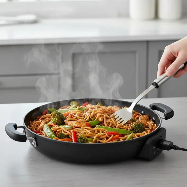 Family meal cooking in Elite Gourmet 12-inch electric skillet, versatile for stir-fries.