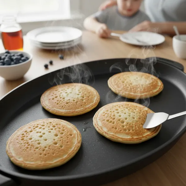 Golden brown pancakes cooking in a large electric skillet for a family breakfast