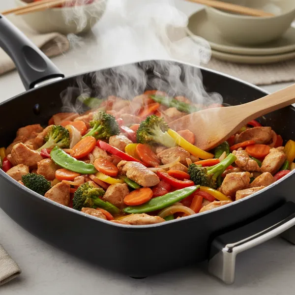 A vibrant stir-fry being cooked in a deep electric skillet, showing high capacity and minimal splatter.