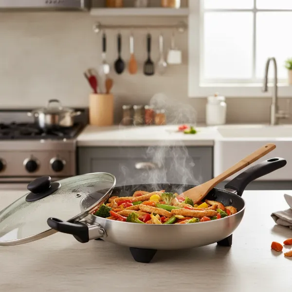 Electric skillet cooking a versatile meal like stir-fry, eggs, or fried chicken with steam.