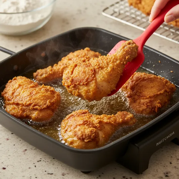Golden-brown crispy fried chicken pieces cooking in an electric skillet with hot oil.