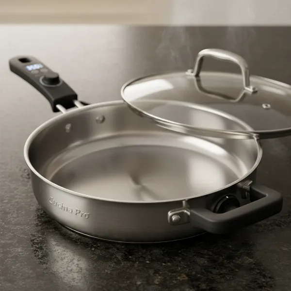 Detailed view of a Cucina Pro stainless steel electric skillet with its features highlighted.