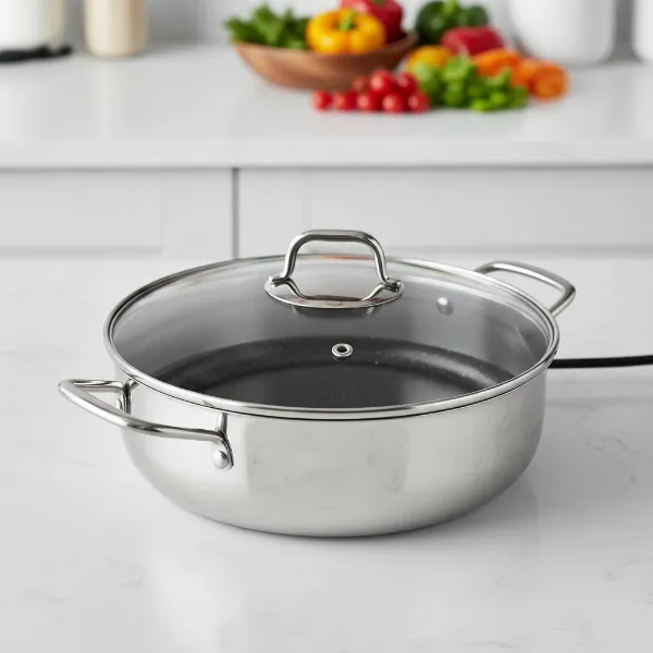 Elegant CucinaPro 12-inch stainless steel electric skillet with glass lid on a kitchen island.
