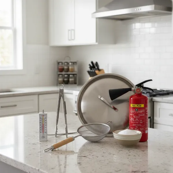 Essential deep frying safety equipment on a kitchen counter: thermometer, tongs, lid, extinguisher