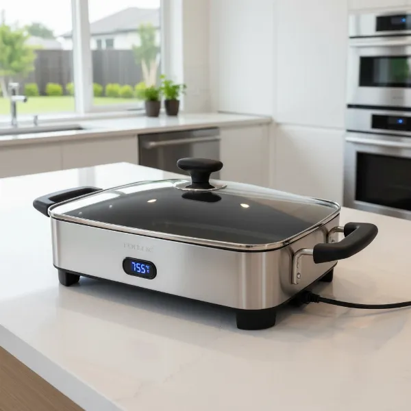 A deep rectangular electric skillet with a glass lid, digital control, and cool-touch handles.