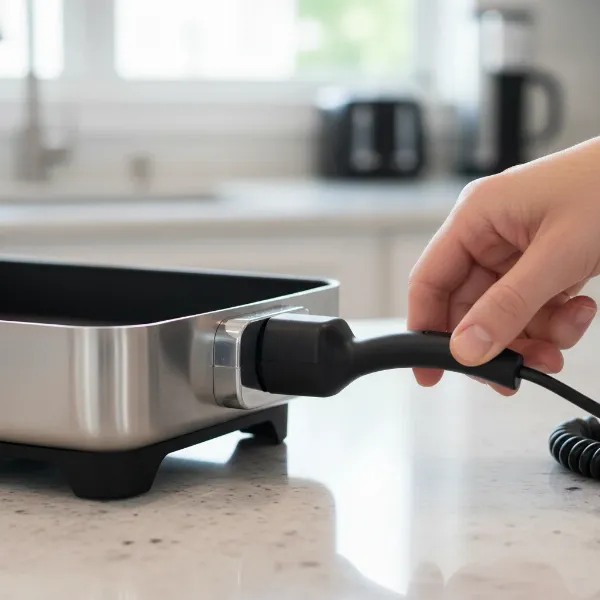 Detachable temperature probe being inserted into an electric skillet, illustrating easy replacement.