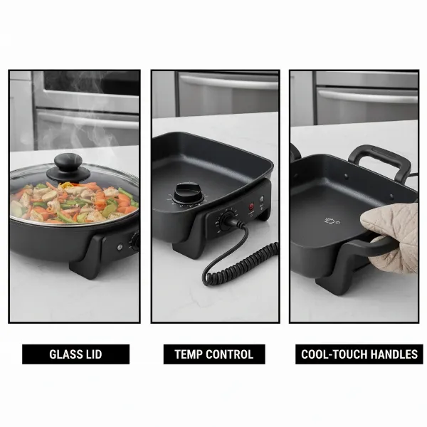 Various types of electric skillets showcasing different features like glass lids and detachable controls.