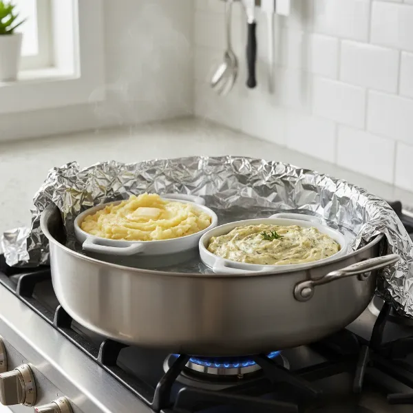 DIY bain-marie using a large skillet with water, holding smaller dishes, covered with foil.