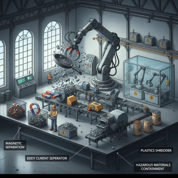 inside view of an e-waste recycling facility processing an electric skillet