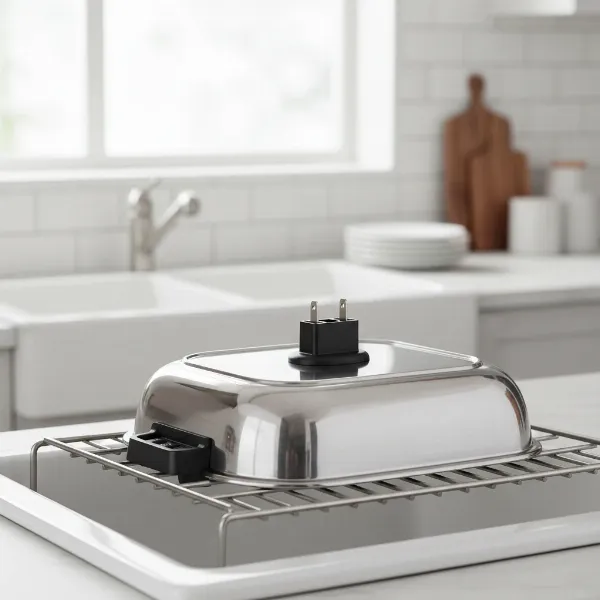 An electric skillet air drying with its electrical connector port facing upwards to prevent moisture.