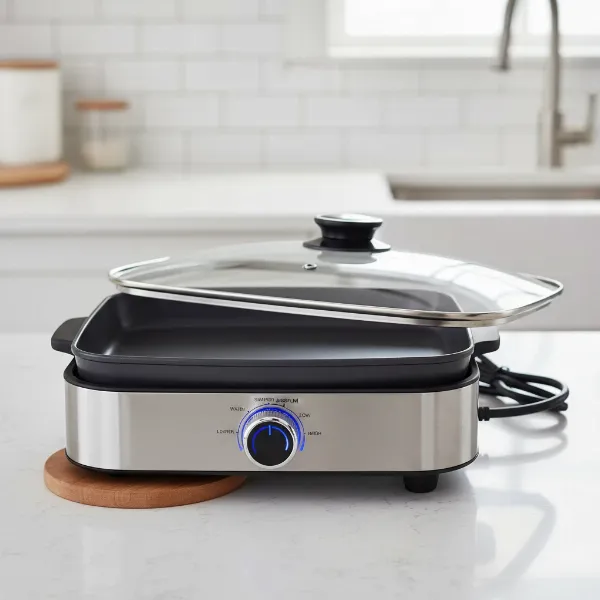 Modern electric skillet showing its heating element, thermostat, and wide cooking surface
