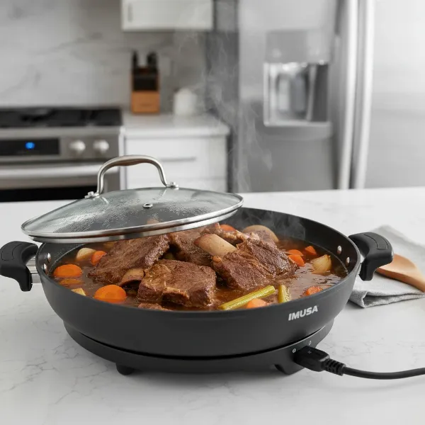 Electric skillet actively braising beef and vegetables with liquid, steam rising under glass lid.
