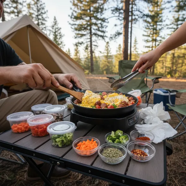 Camper stirring a one-pot meal in an electric skillet with pre-prepped ingredients.