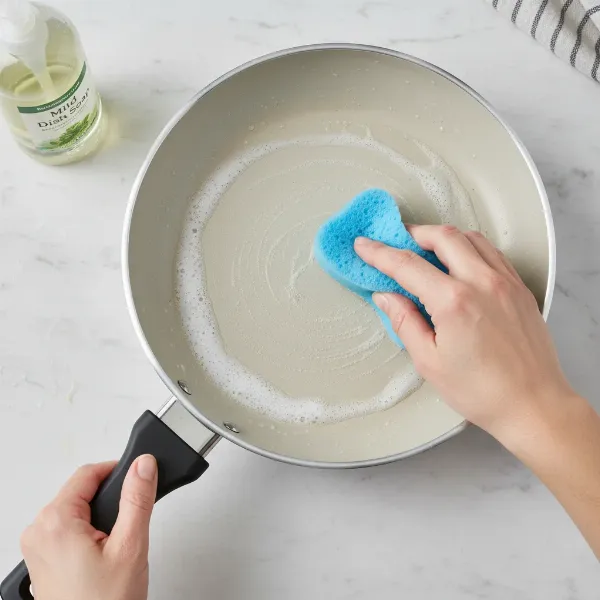 A person gently cleaning an electric skillet with a soft sponge and soapy water.
