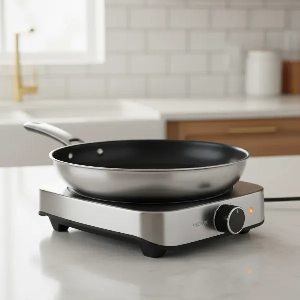 A modern electric skillet with temperature control dial, ready for various cooking tasks.