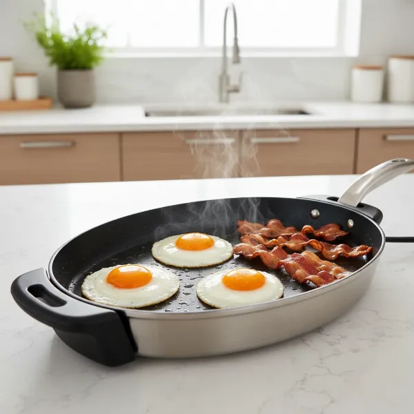 Modern electric skillet cooking a hearty breakfast of eggs and bacon with precise heat control.