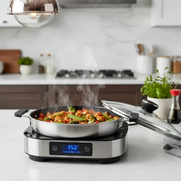 An electric skillet on a kitchen counter, cooking a meal with steam rising.