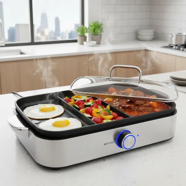 A modern electric skillet cooking a variety of dishes simultaneously, showcasing versatility.