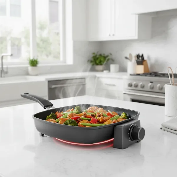 Electric skillet cooking food with precise temperature control and even heat distribution.