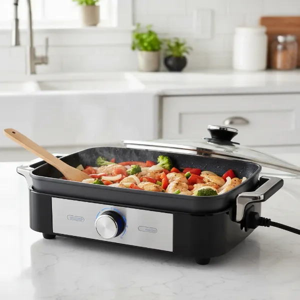An electric skillet cooking a meal, showcasing its versatility and precise temperature control.