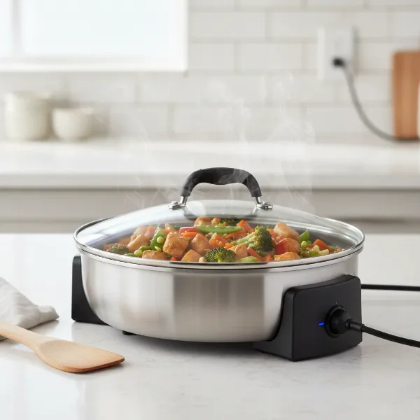 Electric skillet on a countertop cooking a meal with food inside.