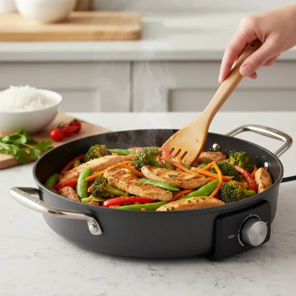 Delicious meal cooking evenly in a Hamilton Beach Durathon ceramic electric skillet, nonstick.