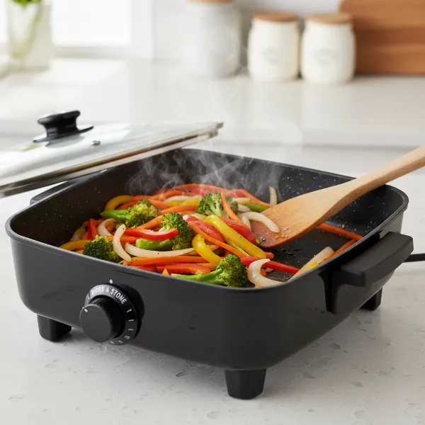 Moss & Stone electric skillet cooking colorful stir-fry vegetables with steam rising.