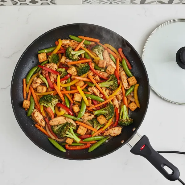 Electric skillet with vibrant stir-fry cooking, showcasing even heat distribution and large capacity for family meals.