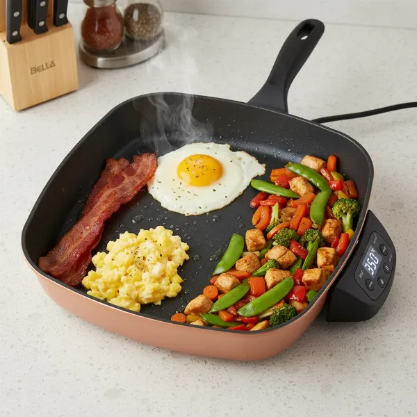 Various foods cooking in a Bella electric skillet, demonstrating its versatility for different meal types.