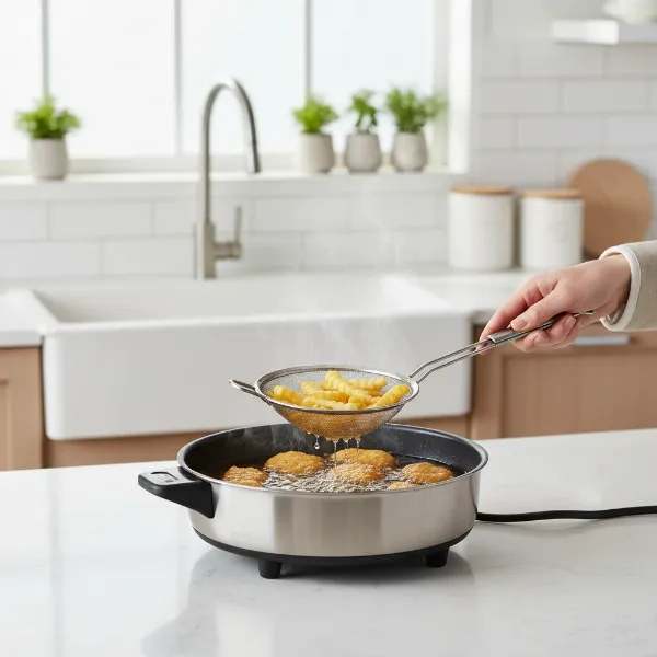 Electric skillet on countertop deep frying food, oil bubbling, long tongs