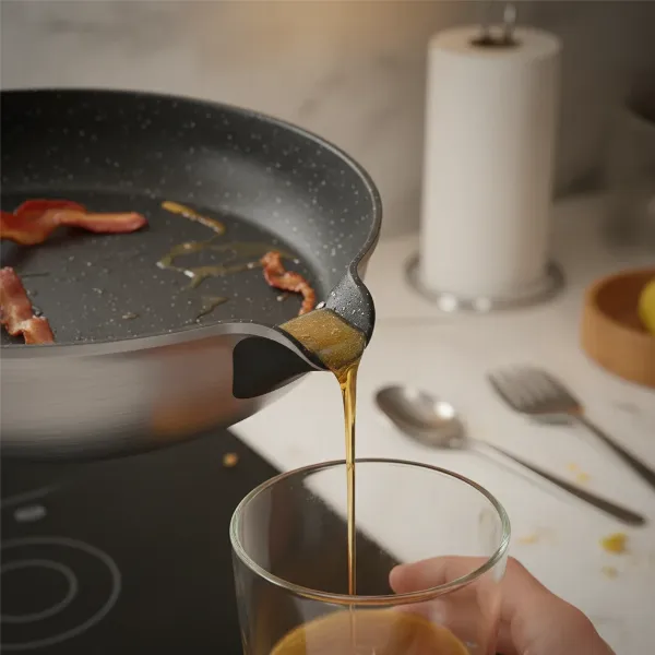 A pouring spout on an electric skillet effectively draining excess cooking grease.