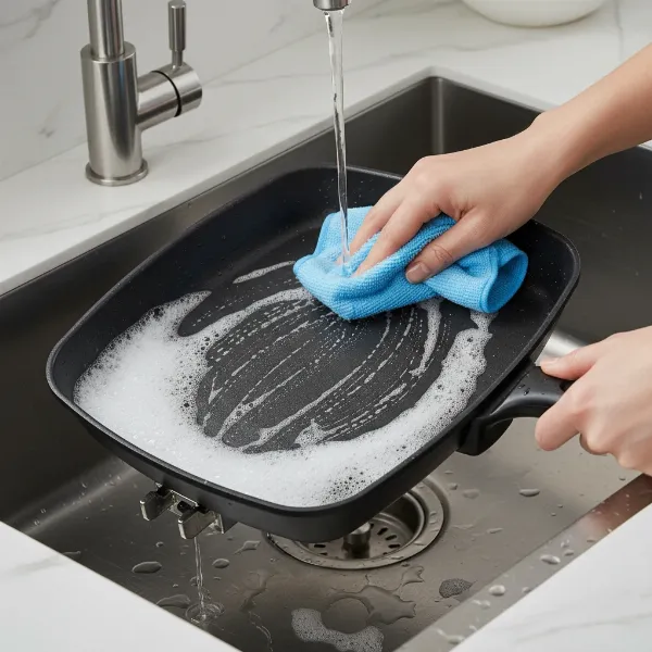 Hands cleaning an electric skillet in a sink, highlighting its immersible and dishwasher-safe features.