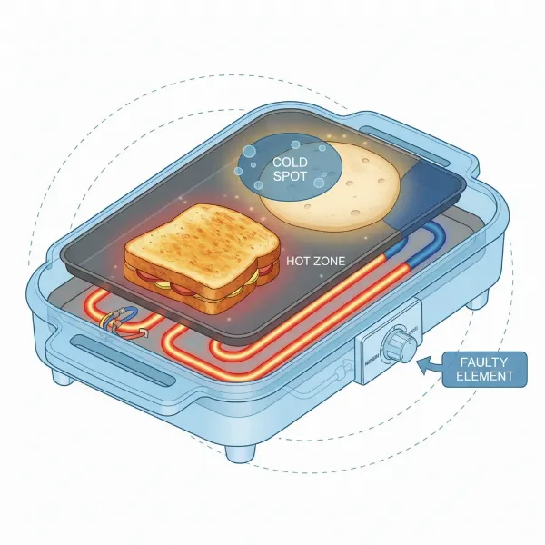 Diagram showing a faulty heating element with visible cold spots in an electric skillet