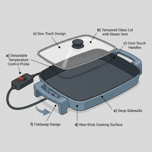 illustration showing key features of an electric skillet