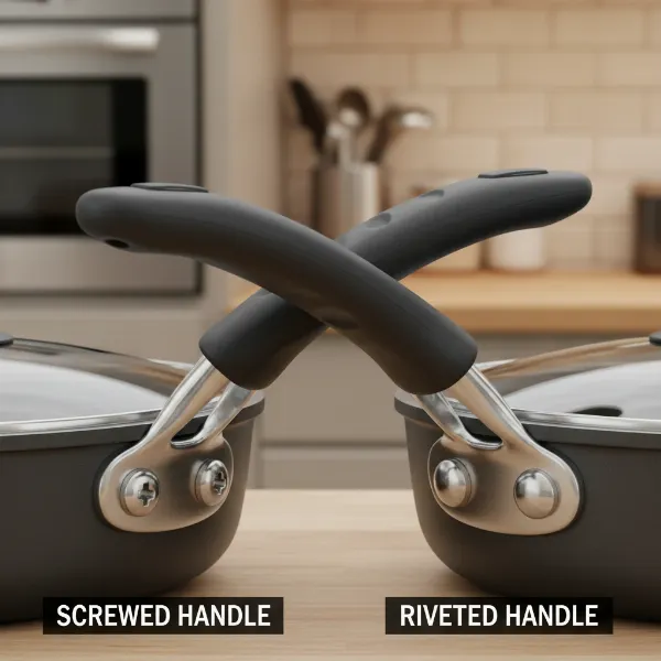 Close-up of electric skillet handles, showing both screwed and riveted attachment methods clearly.