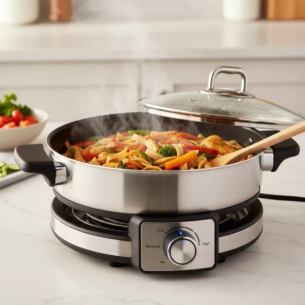 A modern electric skillet cooking a meal on a kitchen counter with integrated heating.