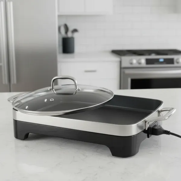 A modern electric skillet with a non-stick surface and a glass lid, ready for various cooking tasks.