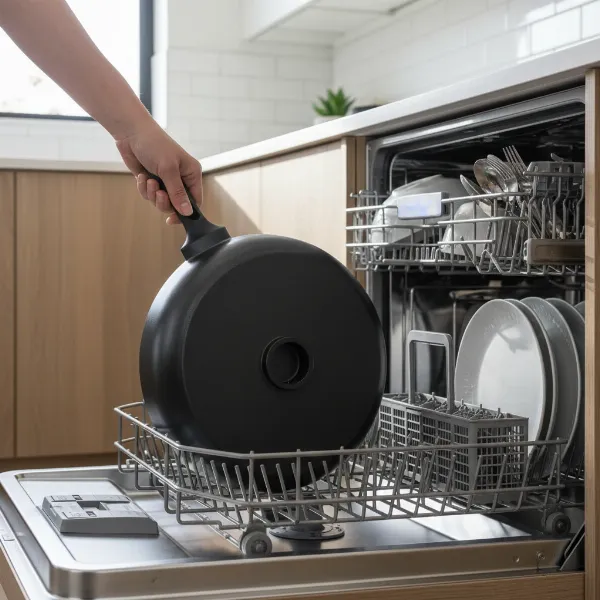 Detachable electric skillet pan being placed into an open dishwasher for cleaning.