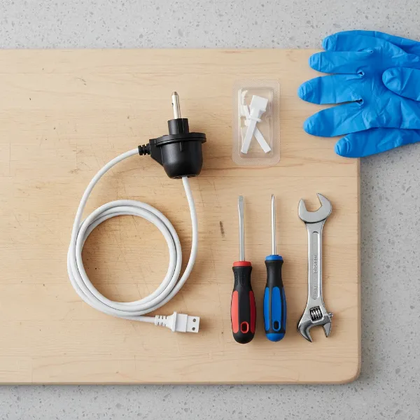 Essential tools and a new replacement probe for repairing an electric skillet's temperature control.